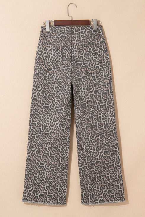 Western Flair Leopard Print High Waist Frayed Hem Wide Leg Jeans
